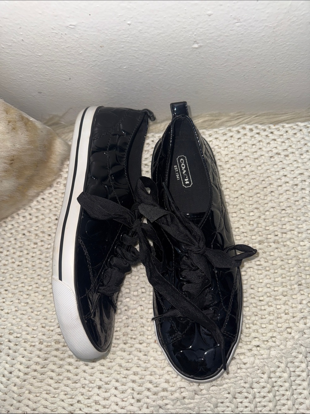 Coach Black Patent Quilted Ribbon Lace Sneakers - Picture 2 of 6
